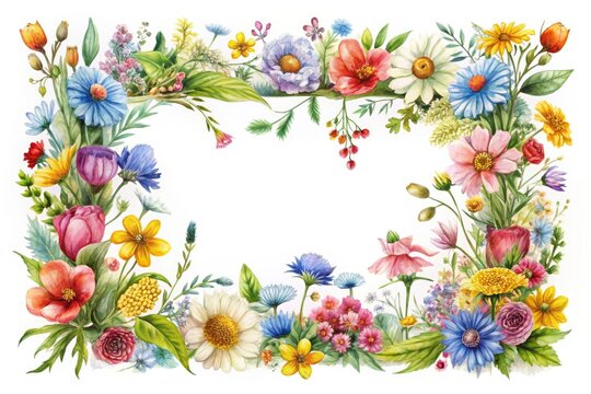 Watercolor wildflower border & spring floral design,  rectangle shape, white background, ideal for greeting card text.