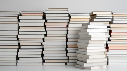 A stack of books arranged in a neat, organized manner on a white surface.