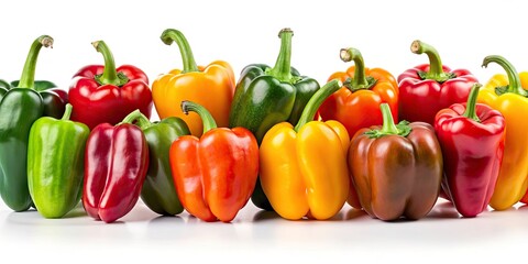 Wide-format image:  bright sweet peppers in a striking collage, perfectly isolated on white.