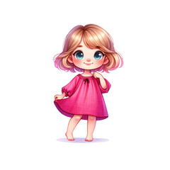 Cute cartoon girl in a pink dress, showcasing innocence and joy, perfect for children's themes and illustrations.