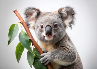 Naklejka premium Minimalistic Koala on Eucalyptus Leaf in Grey and White