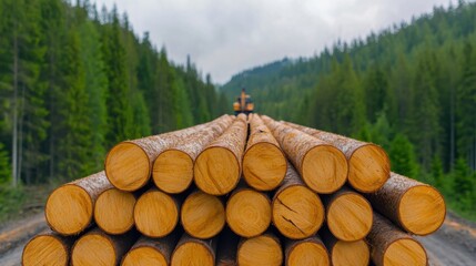Logging Trail Through Verdant Pine Forest with Heavy Logging Equipment and Machinery Transporting Timber and Lumber for the Forestry Industry