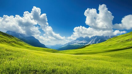 Obraz premium Vibrant green valley under a blue sky with fluffy clouds in the mountains during a sunny day. Generative AI