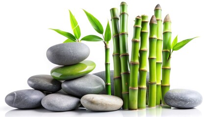 Obraz premium Zen-inspired macro photography: Grey stones and lush green bamboo create a peaceful, natural escape.