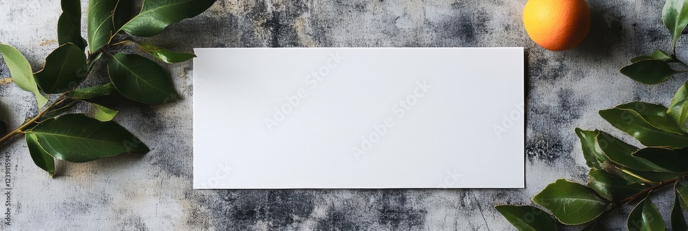 Poster setting for a creative work with blank card, green leaves, and orange on textured surface during day