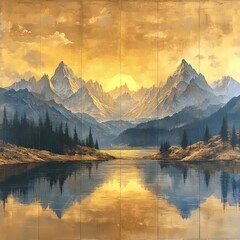 Fototapeta premium A painting of a mountain range with a sun in the sky