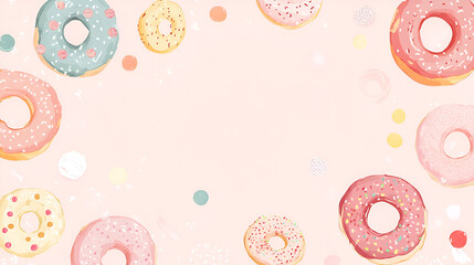Donut Delight Frame: A whimsical arrangement of colorful donuts with sprinkles and frosting, scattered around the border of a pastel pink background.