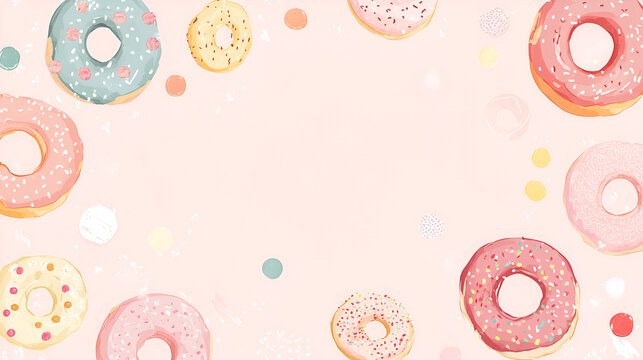 Fototapeta Donut Delight Frame: A whimsical arrangement of colorful donuts with sprinkles and frosting, scattered around the border of a pastel pink background.