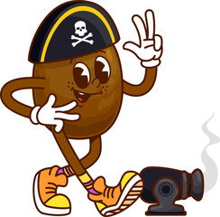 Cartoon groovy kiwi fruit pirate and corsair character striking a fun pose next to cannon. Isolated vector cheerful tropical fruit personage in a captain hat and retro hippie sneakers with peace sign