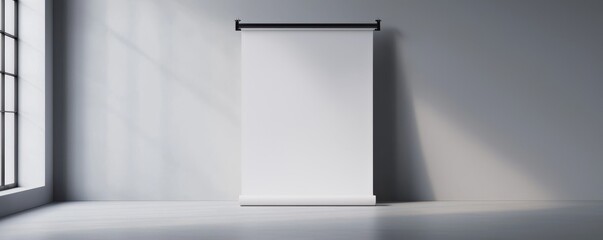 Floating Empty Roll Up Stand Mockup on Smooth Gray Background  Blank Template for Advertising Marketing Business Presentation or Exhibition Display