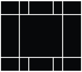 Fototapeta premium Rectangle empty black photos frame collage. comics page grid pattern layout abstract photo frames for photo wall template presentation. 