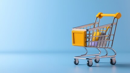 Isometric violet shopping cart or trolley against a plain white background representing online shopping e commerce and retail concepts in a minimalist modern and abstract design