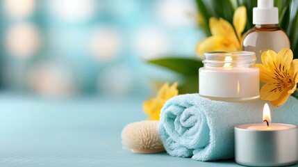 Luxurious spa setting with aromatic candles essential oils and serene decor for a calming and rejuvenating self care experience  Soothing atmosphere for relaxation wellness and indulgence