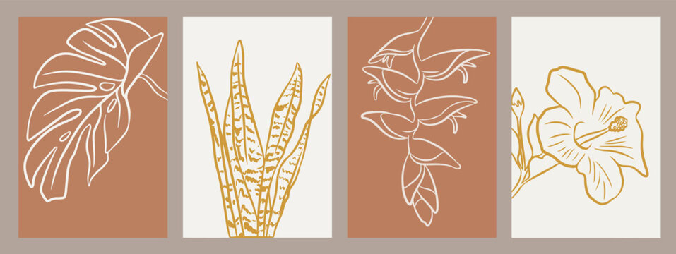Botanical wall art featuring mostera, dracaena trifasciata, heliconia rostrata and hibiscus. Earthy coloured paintings.