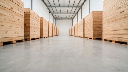 Interior view of a modern warehouse facility with organized storage of wooden planks on shelves showcasing efficient logistics and inventory management
