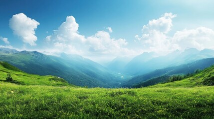 Expansive green meadow surrounded by majestic mountains under a clear blue sky with fluffy clouds. Generative AI