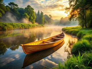 Obraz premium Misty River Dawn: Serene Early Summer Morning Landscape