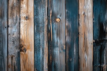 Fototapeta premium Rustic wooden planks in various shades of brown, gray, and blue. Ideal for backgrounds, textures, or rustic designs.