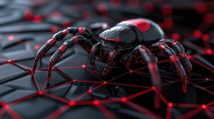 A futuristic spider design with a sleek, black and red aesthetic on a geometric background.