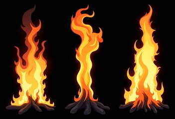 Fototapeta premium Isolated Fire Flames: Collection on Black Background, Burning Flame Set, Graphic Design Assets, Heat Fire Abstract, Fire Texture, Fire Pattern, Dark Background Art, Isolated Fire Images, Fire Effects,