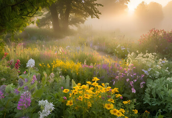 Fototapeta premium dreamy wildflower scene with misty background 