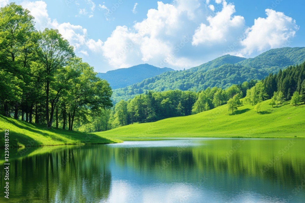 Poster scenic view of a tranquil lake surrounded by lush greenery and distant mountains during a sunny day 