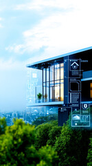 A modern, glass-fronted building with smart technology elements, surrounded by greenery and a scenic view.