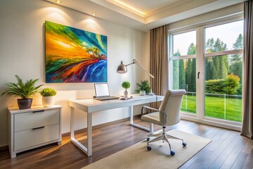 Fototapeta premium Modern Home Office with Abstract Painting and Sculpture