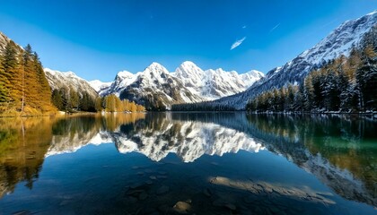 capped mountains reflected in a pristine lake 