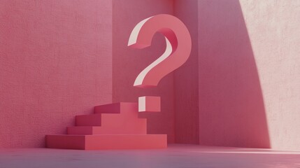 Pink question mark above stairs, minimal room