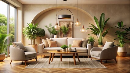 Modern Living Room Interior with Beige Walls, Plants, and Low Light
