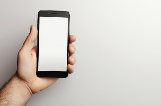 Hand holding white phone isolated on white clipping path inside. Top view.Mock up.Copy space.Template.Blank.
