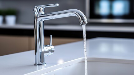 A modern kitchen faucet with running water over a white sink.