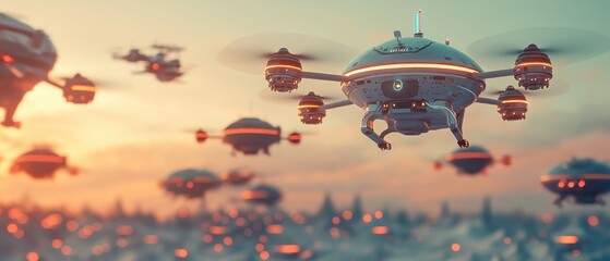 Fleet of Autonomous Drones Delivering Eco-Friendly Packages at Sunset