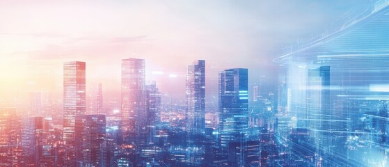 Obraz premium Futuristic Cityscape with Carbon Neutral Office Buildings at Sunset