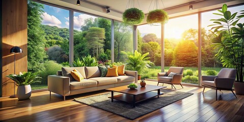 Fototapeta premium Modern Minimalist Apartment Interior with Large Windows, Greenery, and Potted Plant