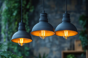 Obraz premium Three industrial-style pendant lights with black metal shades and warm yellow light bulbs. 