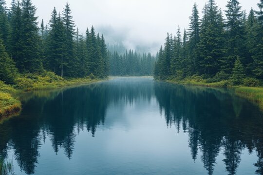 Misty mountain lake reflecting trees, serene landscape, nature background, travel