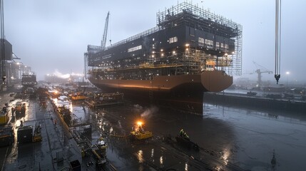 Fototapeta premium Illuminated Shipyard at Night Showcasing a Large Vessel Under Construction with Cranes Machinery and Reflections on the Water s Surface