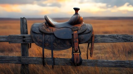 A brown horse saddle is sitting on a wooden fence in a field