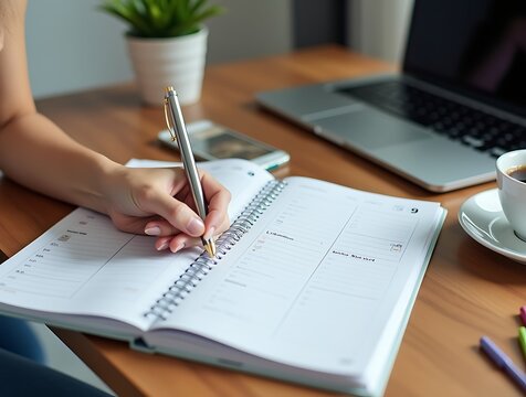 2️⃣ Close-up of a person writing in a spiral planner with laptop and coffee cup, scheduling tasks, managing time, and setting priorities for better workflow and productivity


