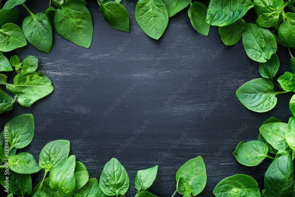 Leinwandbilder fresh spinach leaves arranged on a dark surface creating a natural frame for a culinary presentation
