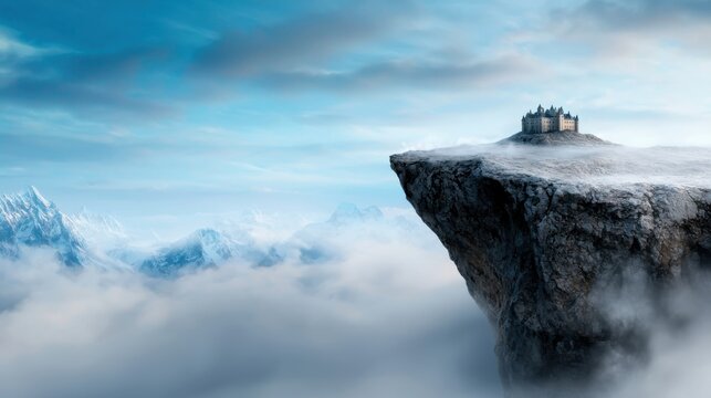 Majestic Fantasy Castle Perched on a Misty Cliff Amid Towering Mountains  A surreal and ethereal landscape with a medieval style castle nestled on a remote rugged cliff