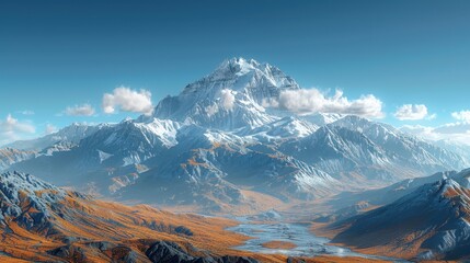 Majestic snow-capped mountain range with vibrant autumn valley