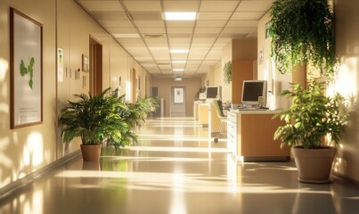 Serene Sunlight in a Modern Office Corridor