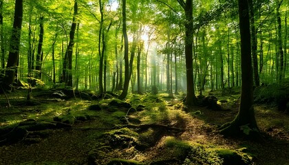 Fototapeta premium forest with sunlight filtering through the trees 