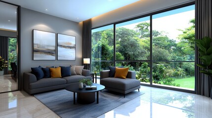 Luxurious and Spacious Living Room with High End Modern Furniture Open Floor Plan and Abundance of Natural Light Surrounded by Lush Indoor Greenery