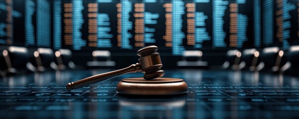 Futuristic courtroom interior featuring holographic market data and financial information displays  Digital and technological elements create a modern authoritative judicial setting