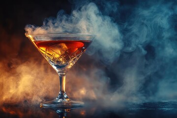 crystal glass cocktail with aromatic smoke and dramatic lighting