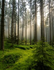 Obraz premium morning in a dense pine forest 